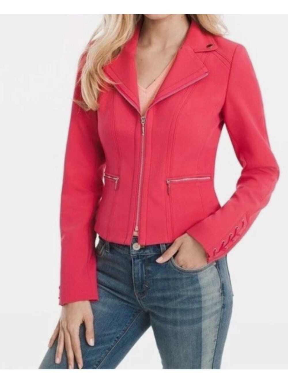 White House Black Market Pink Cropped Blazer Jacket Size 10 Zip Pockets Moto